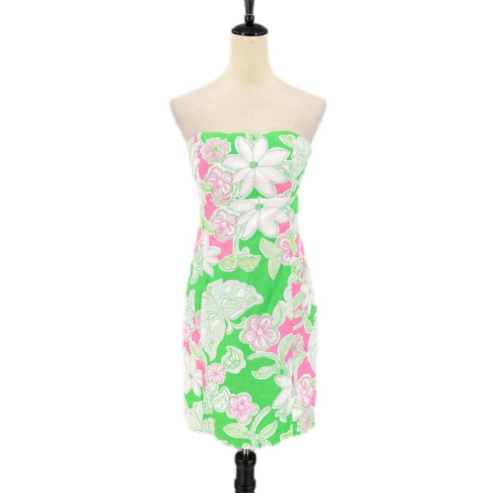 Lilly Pulitzer Pink Green Floral Strapless Poplin Cotton Y2K Beachy Preppy Dress